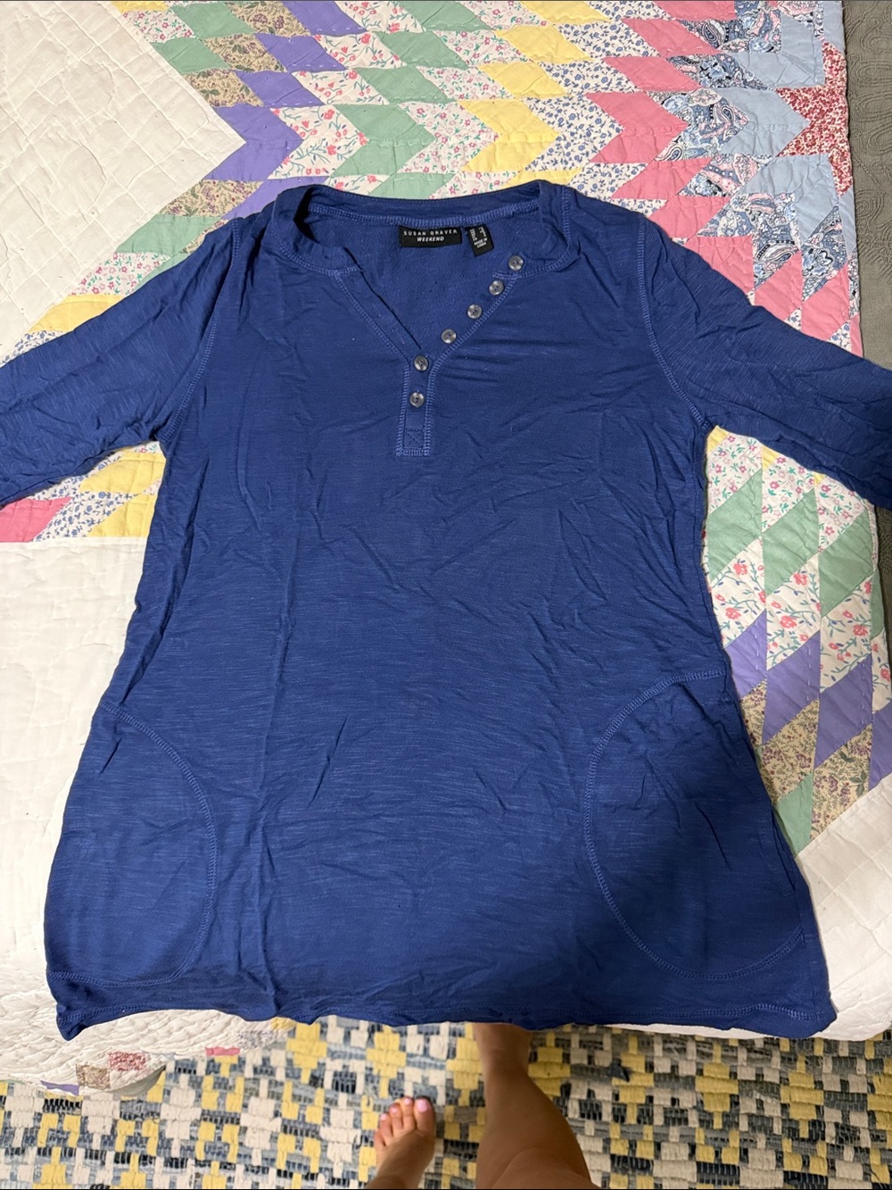 Susan Graver Weekend Royal Blue 3/4 Sleeve Henley Top